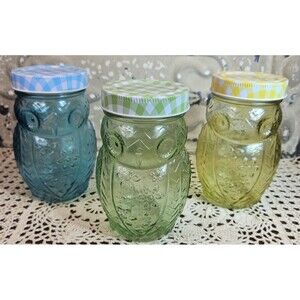 Set of 3 Colored Glass Owl Jars w/ Matching Gingham Style Lids Green Blue Yellow